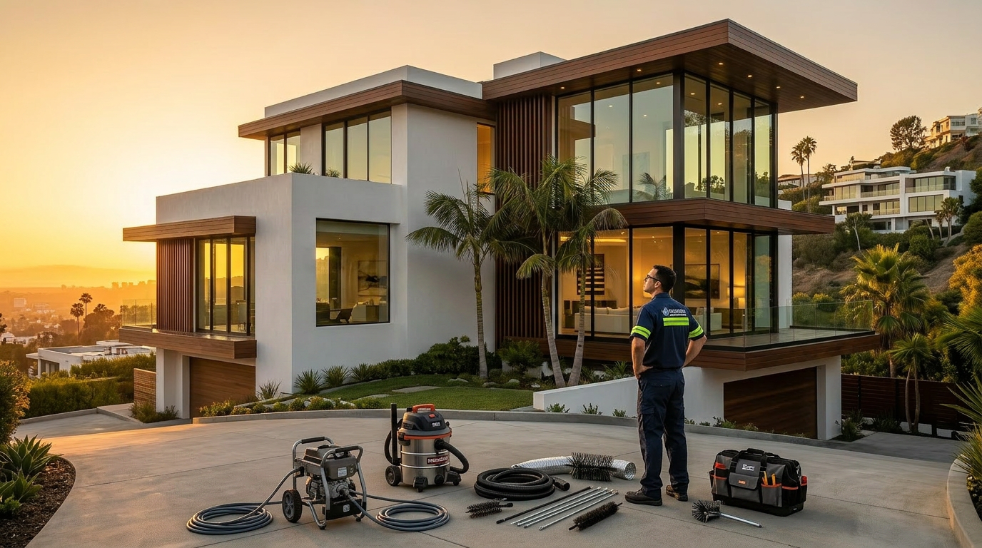 Luxury home being power washed at golden hour